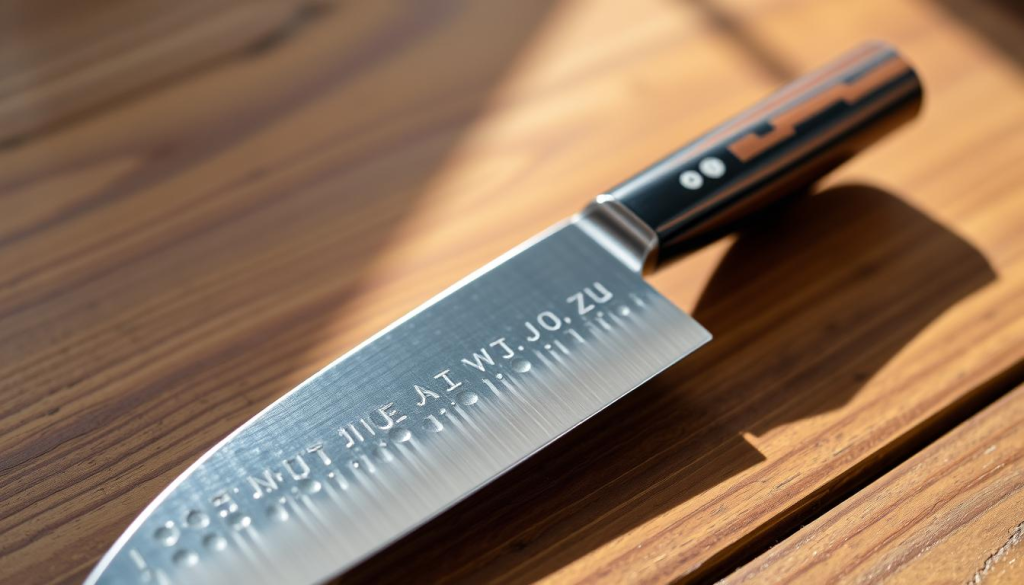 A well-crafted Aritsugu Yanagiba knife resting on a wooden surface, its blade gleaming under soft, natural lighting. The knife's elegant Japanese-style design is highlighted, with its long, slender blade and distinctive Tsuchime (hammered) finish. The handle, likely made of premium materials like ebony or magnolia, is prominently displayed. The image captures the knife's exceptional craftsmanship and the attention to detail that defines the Aritsugu brand. The composition emphasizes the knife's function and beauty, inviting the viewer to appreciate the artistry and heritage of this renowned Japanese cutlery.