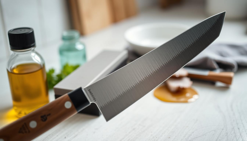 A well-lit, close-up image of a Nakiri knife in a kitchen setting. The blade is the main focus, with a sharpening stone, cleaning cloth, and oil bottle nearby. The knife is held at a slight angle, revealing its distinctive rectangular shape and razor-sharp edge. The lighting is soft and diffuse, creating a clean, professional aesthetic. The background is blurred, emphasizing the knife's details and importance. The overall scene conveys a sense of care and attention to maintaining the Nakiri knife for optimal performance in the kitchen.