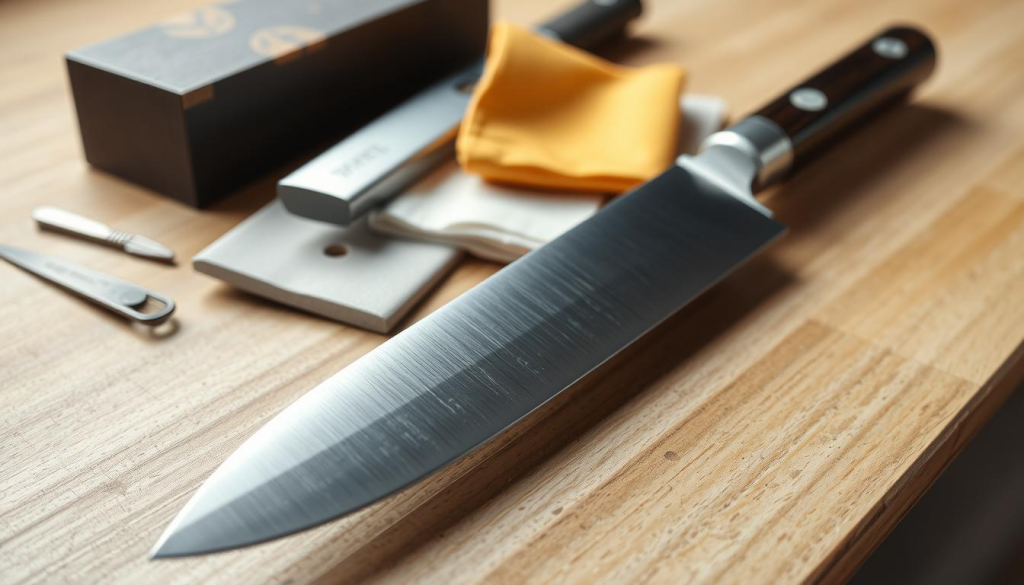 A well-lit close-up image of an Aritsugu bunka knife resting on a wooden surface, surrounded by various knife maintenance tools and accessories. In the foreground, the blade is prominently displayed, showcasing its sharp, polished edge. In the middle ground, there are a sharpening stone, a honing steel, and a soft cloth, indicating the steps involved in maintaining the knife. The background features a neutral, minimalist setting, allowing the focus to remain on the knife and its upkeep. The overall atmosphere is one of precision, care, and attention to detail, reflecting the importance of proper Aritsugu bunka knife maintenance.