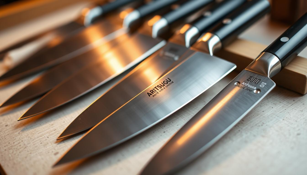 A well-lit, close-up image of several Aritsugu knives arranged in a visually appealing display, showcasing their sleek, high-quality craftsmanship. The knives are positioned on a clean, neutral-colored surface, allowing their intricate details and razor-sharp blades to take center stage. The scene evokes a sense of sophistication and precision, with a warm, inviting atmosphere that draws the viewer's attention to the exceptional customer reviews these renowned Japanese knives have received. The image is captured with a shallow depth of field, creating a soft, blurred background that emphasizes the knives as the focal point.