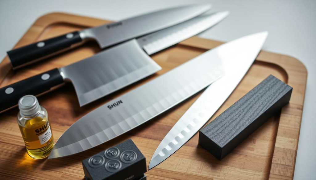 A well-lit close-up of a selection of Shun Japanese knives, including a chef's knife, paring knife, and santoku, arranged neatly on a wooden cutting board. The knives are gleaming, their razor-sharp blades catching the light. In the foreground, a bottle of honing oil and a sharpening stone sit alongside the knives, indicating the tools needed for proper maintenance. The background is a clean, minimalist space, allowing the knives to take center stage and emphasize the importance of their care and upkeep.