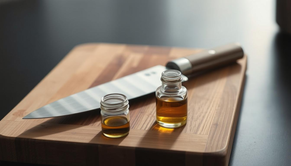 A well-lit close-up of an Aritsugu bread knife on a wooden cutting board. The knife's razor-sharp stainless steel blade gleams under soft, even lighting, its contours casting subtle shadows. In the foreground, a whetstone and a small jar of honing oil stand ready, highlighting the careful maintenance required to keep the knife in peak condition. The background is blurred, drawing the viewer's attention to the knife and the process of sharpening and oiling it. The overall mood is one of precision, care, and reverence for a high-quality culinary tool.