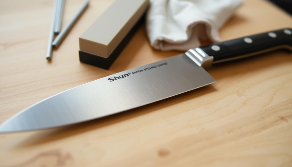 A well-lit, close-up photograph of a Shun kitchen knife being carefully maintained. The blade is lying on a clean, wooden surface, with sharpening stones, honing rods, and a soft cloth nearby. The knife's sleek, high-carbon stainless steel construction is highlighted, showcasing its razor-sharp edge and pristine condition. The lighting is soft and even, capturing the knife's intricate details and the various tools used to keep it in peak performance. The background is blurred, drawing the viewer's attention to the methodical knife care process, emphasizing the importance of properly maintaining a precision cutting tool.