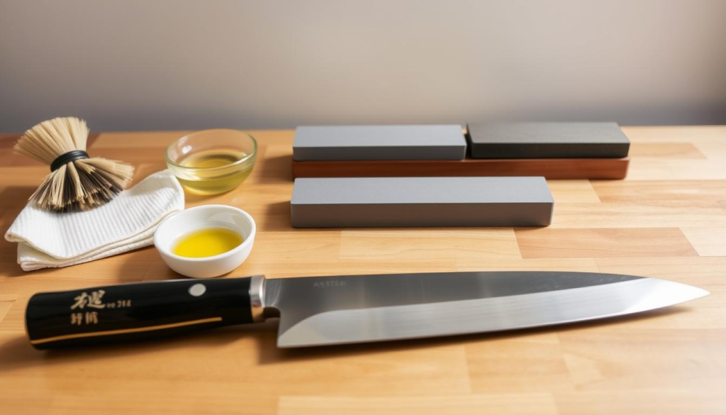 A well-lit, close-up shot of an Aritsugu knife laid out on a clean, wooden surface, showcasing the essential steps for proper maintenance. In the foreground, the gleaming blade is accompanied by a soft-bristle brush, a small bowl of honing oil, and a polishing cloth. In the middle ground, a set of sharpening stones of varying grits are arranged, their surfaces reflecting the natural lighting. The background features a plain, neutral backdrop, allowing the subject to take center stage and highlight the care and attention required to preserve the longevity of this high-quality Japanese blade.