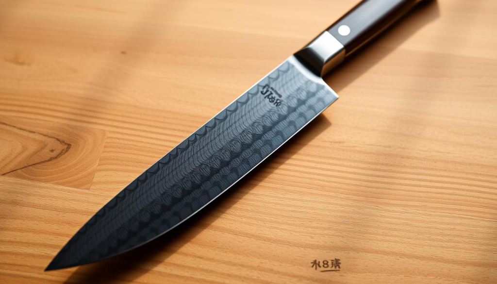 A well-lit, close-up shot of an Aritsugu knife on a wooden surface, showcasing its sharp blade, intricate Damascus pattern, and elegant handle. The knife is the focal point, surrounded by a minimalist, natural-toned background that emphasizes its craftsmanship. The lighting casts subtle shadows, highlighting the knife's contours and creating a sense of depth. The image exudes a sense of quality, precision, and the artisanal nature of the Aritsugu brand, capturing the essence of the product for customer reviews.