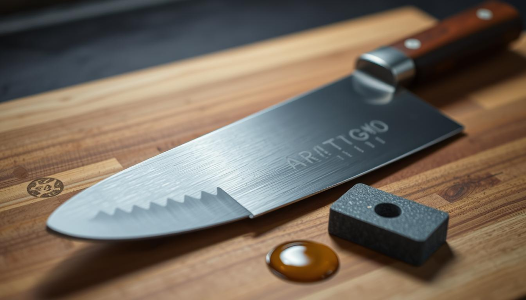 A well-lit close-up shot of an Aritsugu vegetable knife, its razor-sharp blade resting on a wooden cutting board. The knife's handle, crafted from smooth, dark wood, gleams in the soft lighting. In the foreground, a sharpening stone and a few drops of honing oil sit alongside the knife, signifying the meticulous maintenance required to keep this traditional Japanese blade in peak condition. The background is slightly blurred, focusing the viewer's attention on the careful care and attention needed to preserve the knife's precise, uniform edge.