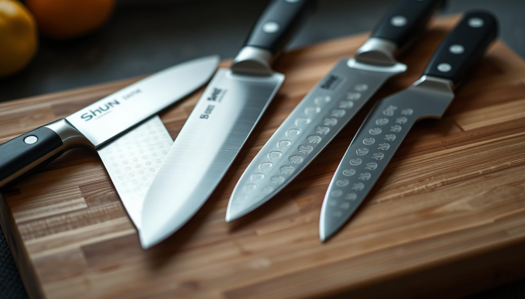 A well-lit close-up shot of an assortment of Shun kitchen knives arranged on a sleek, minimalist wooden cutting board. The knives are in focus, showcasing their precision-crafted blades, intricate patterns, and ergonomic handles. The image captures the high-quality craftsmanship and attention to detail that defines the Shun brand. The background is slightly blurred, creating a sense of depth and drawing the viewer's eye to the knives. The overall mood is one of sophistication, professionalism, and an appreciation for the art of culinary tools.