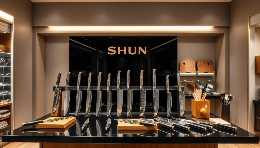 A well-lit department store display featuring an assortment of Shun knives. The knives are arranged artfully on a sleek black countertop, their razor-sharp blades gleaming under the warm overhead lighting. The display is situated against a backdrop of soft gray walls, creating a sophisticated and inviting ambiance. The knives are presented alongside complementary kitchen accessories, such as cutting boards and utensil holders, to showcase their versatility. The scene conveys a sense of culinary professionalism and high-quality craftsmanship, enticing potential customers to explore the Shun brand further.