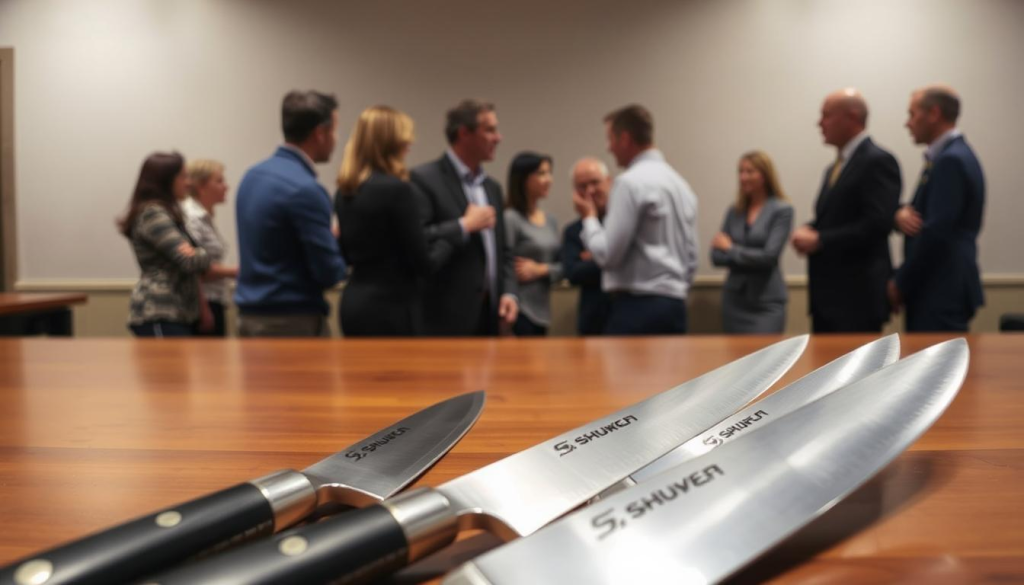 A well-lit discussion forum on a wooden table, with a prominent display of Shun Fuji knives in the foreground. The knives are arranged neatly, showcasing their sleek, minimalist design and high-quality craftsmanship. In the middle ground, people engaged in a lively discussion, their faces obscured, but their body language conveying a sense of intrigued curiosity. The background features a neutral, subtly textured wall, creating a clean, professional atmosphere. The overall scene exudes an air of authority and expertise, reflecting the unbiased, informative nature of the "Reddit Reviews of Shun Fuji Knives" article.