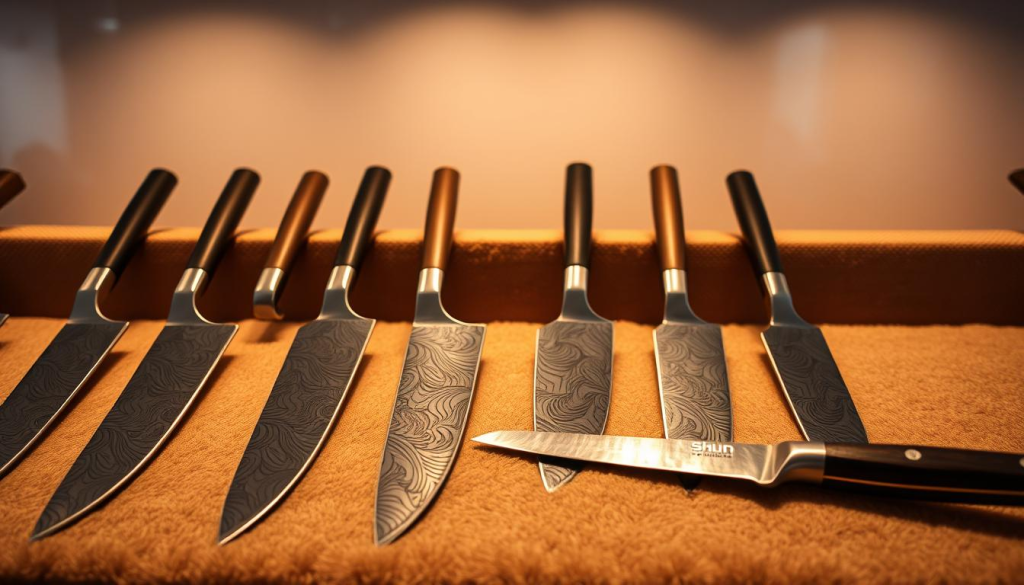 A well-lit display case showcases a carefully curated collection of Shun culinary knives. The blades gleam under warm, focused lighting, their razor-sharp edges and intricate Damascus patterns captivating the viewer. The knives are arranged elegantly, each one resting on a plush, textured surface that complements their sleek, Japanese-inspired designs. The background is a clean, minimalist space, allowing the knives to take center stage and showcase their exceptional craftsmanship. The overall atmosphere conveys a sense of precision, quality, and the promise of an elevated cooking experience for the discerning chef.