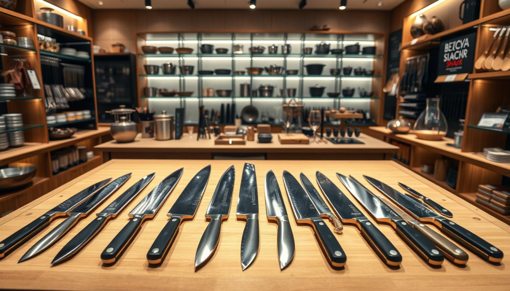 A well-lit display in a high-end kitchen goods store, showcasing an assortment of Shun knives. The knives are arranged on a clean, wooden surface, their sharp blades glinting under soft, warm lighting. In the background, shelves filled with premium cookware and utensils create a sense of quality and exclusivity. The overall atmosphere is one of refined sophistication, inviting customers to explore the exceptional craftsmanship and performance of these Japanese-made culinary tools. The scene conveys a sense of a limited-time sale or promotion, hinting at the exceptional value and craftsmanship of the Shun brand.