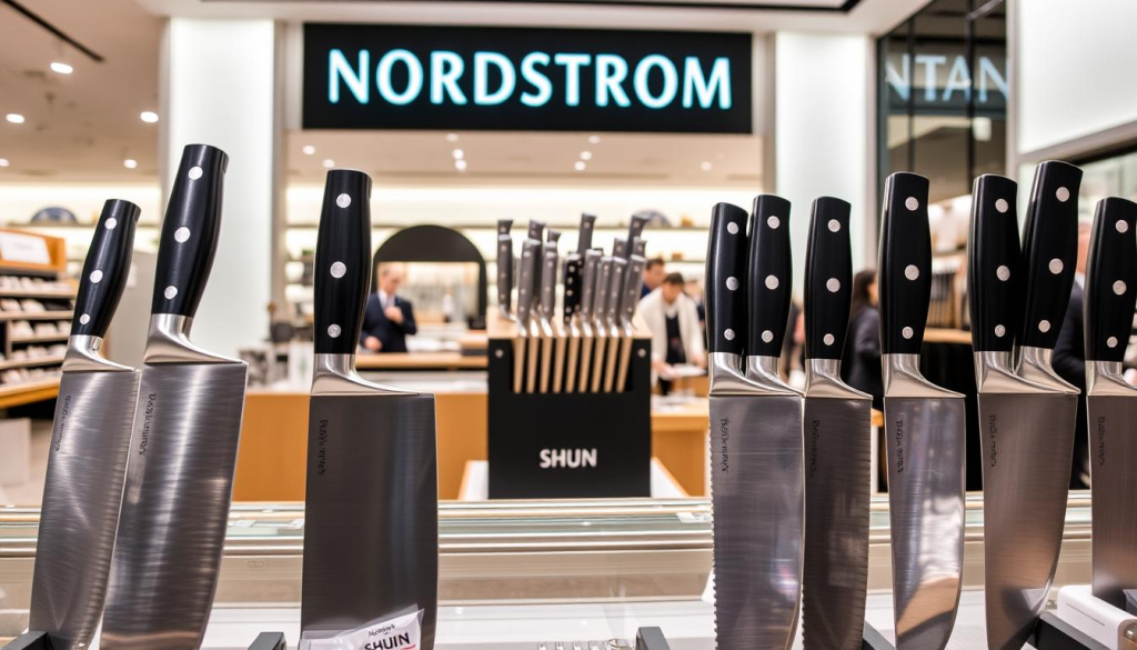 A well-lit display of Shun knives at the Nordstrom department store. In the foreground, a selection of high-quality Shun chef's knives, their razor-sharp blades and ergonomic handles prominently featured. In the middle ground, a Shun knife block showcases the brand's diverse lineup, each knife subtly reflecting the store's elegant lighting. The background features the sleek, minimalist Nordstrom aesthetic, with clean lines and a neutral color palette that allows the Shun knives to take center stage. The overall scene conveys a sense of premium quality, attention to detail, and the perfect pairing of these renowned Japanese knives with the upscale Nordstrom shopping experience.