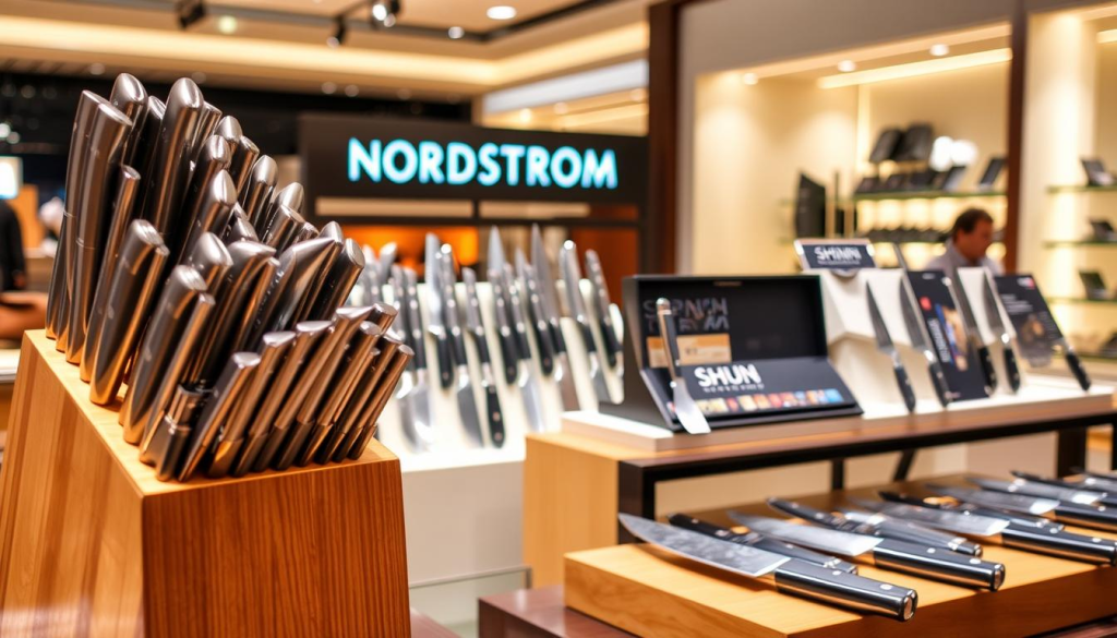 A well-lit display of Shun knives at the upscale Nordstrom department store. The foreground features a sleek, wooden knife block showcasing an array of Shun's signature Japanese-style blades, their razor-sharp edges gleaming under the warm, softly diffused lighting. In the middle ground, neatly arranged Shun knife sets and individual pieces are presented on a clean, minimalist display, inviting the viewer to examine their intricate Damascus steel patterns and ergonomic handles. The background gently fades into the Nordstrom store's elegant, modern interior, hinting at the high-end shopping experience. The overall atmosphere conveys a sense of quality, craftsmanship, and the perfect pairing of premium kitchen tools with a premium retail environment.