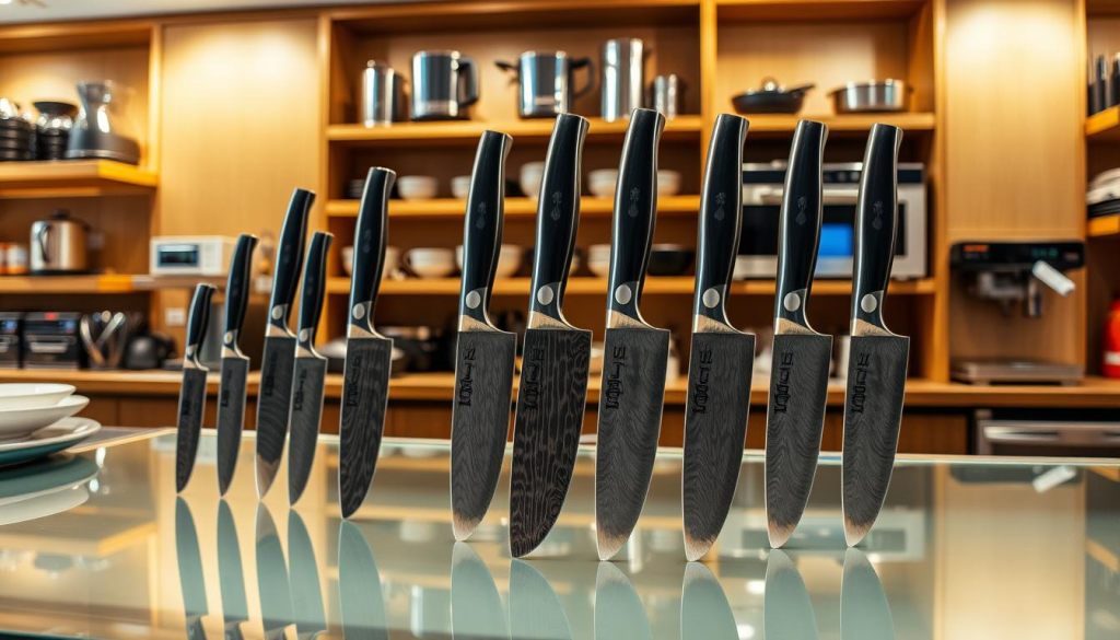 A well-lit display of Shun's premium Japanese knives in a modern kitchenware store, showcasing their sleek design and razor-sharp precision. The knives are arranged on a pristine glass counter, their Damascus steel blades glinting under the warm overhead lighting. The background features wooden shelves stocked with a variety of high-end cookware and appliances, creating a professional yet inviting atmosphere. The camera angle captures the knives from a slightly elevated perspective, highlighting their craftsmanship and the store's commitment to culinary excellence.