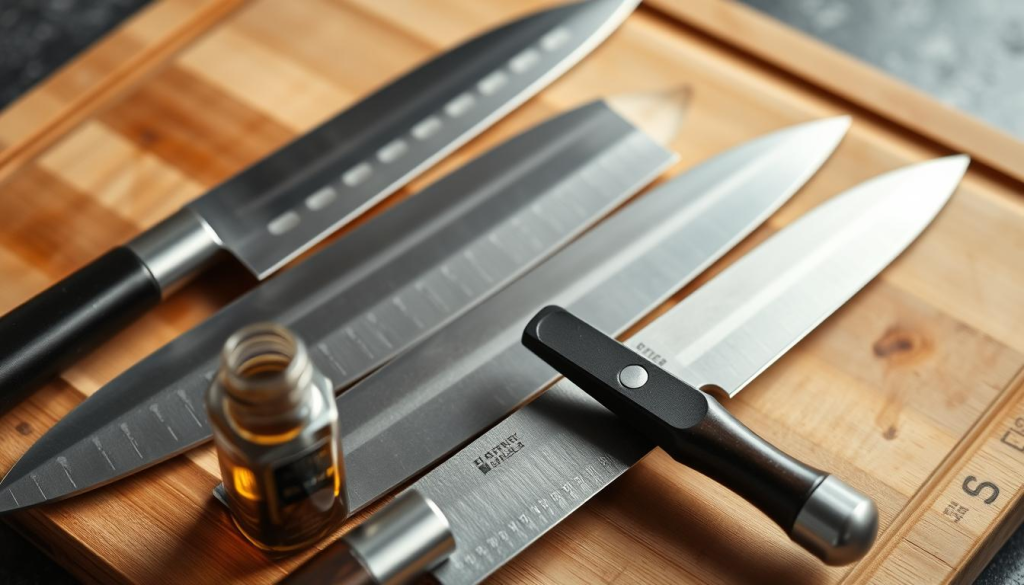 A well-lit, high-angle close-up shot of a set of Japanese steel chef's knives arranged neatly on a wooden cutting board. The knives are gleaming and meticulously maintained, with sharp, polished blades. In the foreground, a small bottle of honing oil and a sharpening steel are visible, indicating the tools used to care for these precision instruments. The background is subtly blurred, creating a sense of focus on the knives. The lighting is soft and even, highlighting the texture and quality of the steel. The overall atmosphere is one of care, craftsmanship, and attention to detail - reflecting the maintenance required to keep these exceptional Japanese knives in peak condition.