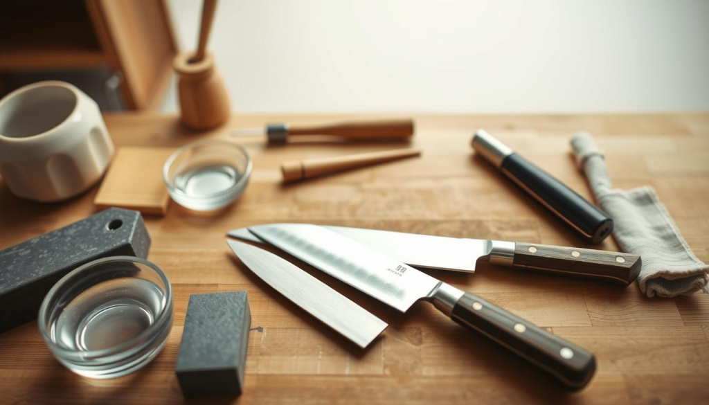 A well-lit, high-angle shot of an Aritsugu petty knife, its blade gleaming, resting on a wooden cutting board. In the foreground, an assortment of traditional Japanese sharpening stones, water, and a clean, damp cloth. The mid-ground features various maintenance tools like a honing rod and a polishing cloth, neatly arranged. The background showcases a minimalist, zen-inspired Japanese kitchen, with clean lines, natural materials, and soft, diffused lighting, creating a serene, focused atmosphere for the knife maintenance process.