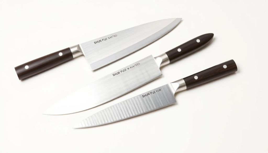 A well-lit, high-angle studio shot of a neatly arranged set of three Shun Fuji Santoku knives in a sleek, minimalist composition. The blades gleam with a razor-sharp precision, their elegant Japanese design and high-quality craftsmanship evident in the smooth lines and meticulously polished steel. The knives are presented against a clean, off-white background, allowing their distinct features and premium quality to be the focal point. Subtle shadows add depth and dimension, while balanced lighting accentuates the knives' striking silhouettes and pristine finish. An image that showcases the precision, beauty, and versatility of these exceptional Japanese culinary tools.