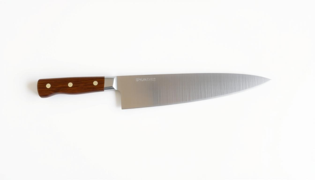 A well-lit, high-quality photograph of a Shun Classic 6-inch Chef's Knife against a clean, minimalist background. The knife is positioned in the center, its blade gleaming and the wooden handle reflecting the light beautifully. The background is a soft, neutral tone, allowing the knife to be the focal point. The image conveys a sense of quality, craftsmanship, and the knife's utility as a premium kitchen tool. The lighting is natural and diffused, creating a warm, inviting atmosphere. The camera angle is slightly elevated, giving a clear, unobstructed view of the knife.