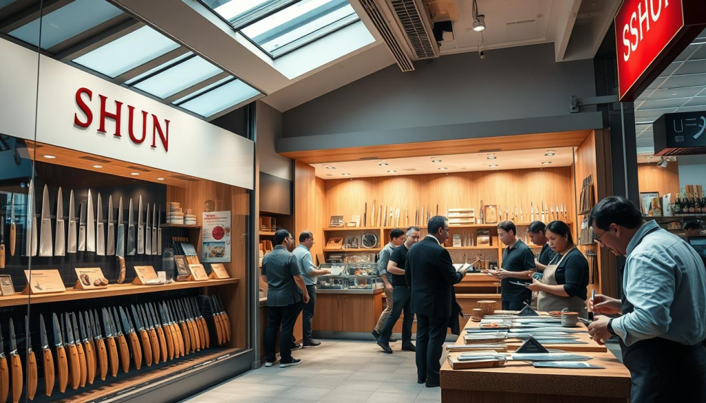 A well-lit, high-quality photograph of a Shun knife shop, situated in the heart of a bustling culinary district. The storefront features large display windows showcasing an array of gleaming Shun knives and cutting boards. The interior is bright and airy, with natural lighting filtering in through skylights. Customers are engaged in lively conversations with the knowledgeable staff, who are demonstrating the precision and craftsmanship of the Shun blades. The atmosphere is one of enthusiasm and culinary expertise, inviting visitors to explore the world of artisanal Japanese cutlery. The overall scene captures the essence of a premium knife shop, catering to both professional chefs and home cooking enthusiasts.
