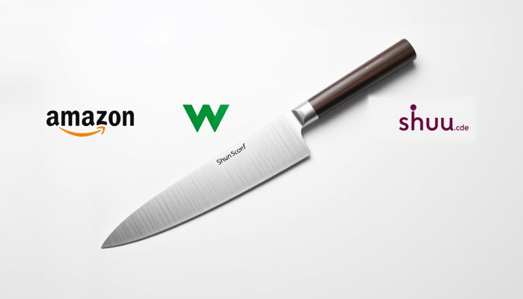 A well-lit, high-quality product shot showcasing various purchasing options for the Shun Knife 7. The knife itself takes center stage, resting on a minimalist white surface. Surrounding it are several online shopping icons, such as Amazon, Wayfair, and the Shun website logo, arranged in an organized grid layout. The image has a clean, professional aesthetic, emphasizing the quality and accessibility of the Shun Knife 7. Soft, directional lighting highlights the knife's sleek design and razor-sharp blade. The overall composition provides a clear and visually appealing illustration of the different channels available for purchasing this culinary masterpiece.