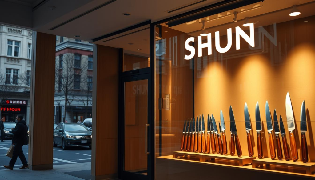 A well-lit, high-quality storefront with a large display window showcasing a collection of Shun knives. The interior is modern and minimalist, with clean lines and a sleek design. Warm lighting accentuates the gleaming, razor-sharp blades and the elegant, wood-handled Japanese cutlery. The storefront is positioned on a bustling city street, with pedestrians and passing cars visible through the window. The overall atmosphere conveys a sense of precision, craftsmanship, and the rich heritage of Japanese blade-making.