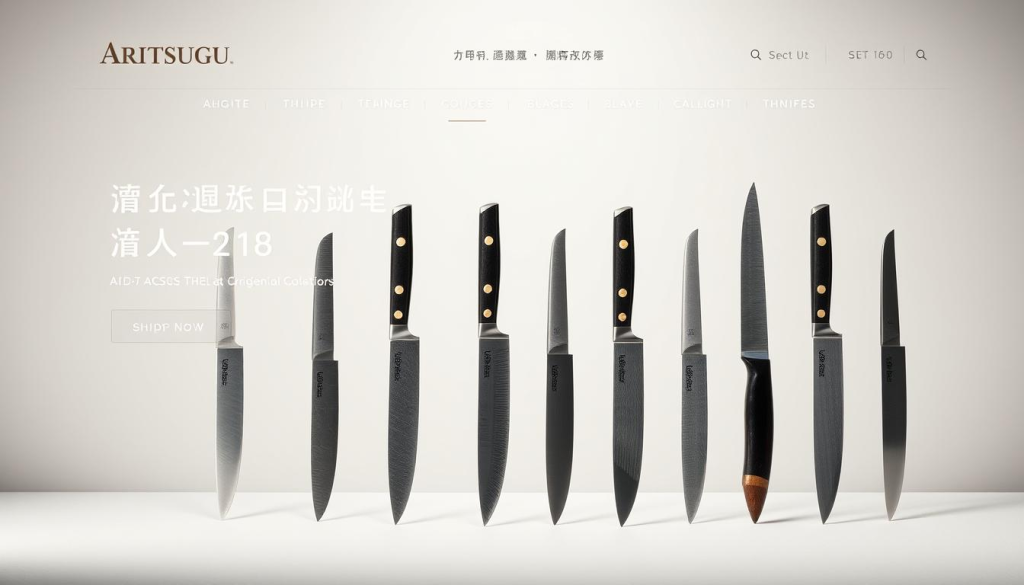 A well-lit, high-resolution e-commerce website showcasing a variety of Aritsugu knives against a minimalist, soft-toned backdrop. The knives are displayed with careful attention to detail, highlighting their intricate craftsmanship and razor-sharp blades. The layout is clean and user-friendly, with intuitive navigation and product information prominently featured. The overall atmosphere conveys a sense of Japanese precision and quality, inviting the viewer to explore and purchase these renowned culinary tools.