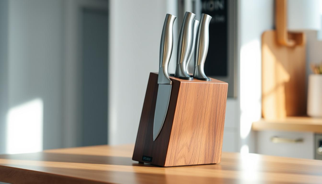 A well-lit, high-resolution image of a Shun 6-slot knife block on a clean, wooden kitchen countertop. The knife block is positioned at a slight angle, showcasing the sleek, dark wood grain and the sharp, polished knives neatly displayed within. Soft, diffused lighting from the side casts gentle shadows, highlighting the textural details of the block and the blades. The scene conveys a sense of order, cleanliness, and the meticulous care required to maintain this premium kitchen accessory.