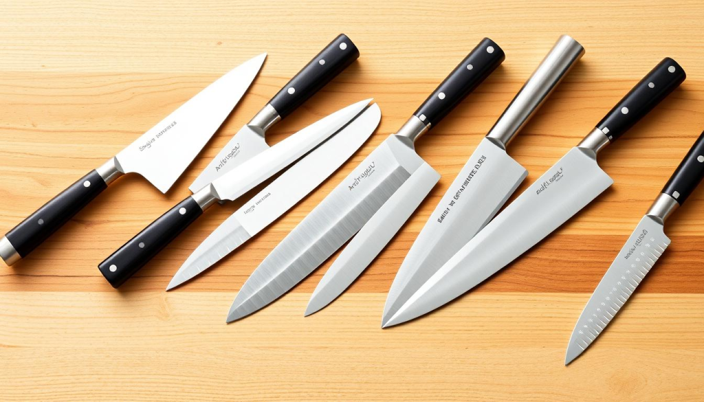 A well-lit, high-resolution photograph of an assortment of Aritsugu stainless steel vegetable knives displayed on a clean, minimalist wood surface. The knives are arranged in a visually appealing manner, showcasing their sleek, Japanese-inspired design and high-quality craftsmanship. The image has a crisp, professional look with a soft, natural lighting that highlights the knives' shiny, reflective blades and ergonomic handles. The overall composition emphasizes the purchasing options available for these premium kitchen tools, inviting the viewer to closely inspect the knives' features and consider them for their own culinary needs.