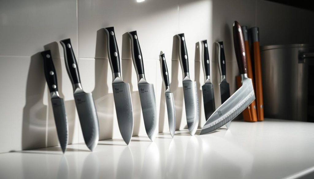 A well-lit kitchen counter, featuring an array of Shun knives in various sizes, from a compact utility knife to a large chef's knife. The knives are carefully arranged, allowing for a side-by-side comparison of their dimensions. Soft shadows cast by the knives create a sense of depth and dimensionality. The scene is captured with a shallow depth of field, keeping the knives in focus while softening the background for a clean, professional appearance. The lighting is balanced, highlighting the elegant and precise lines of the Shun blades, showcasing their craftsmanship and attention to detail.
