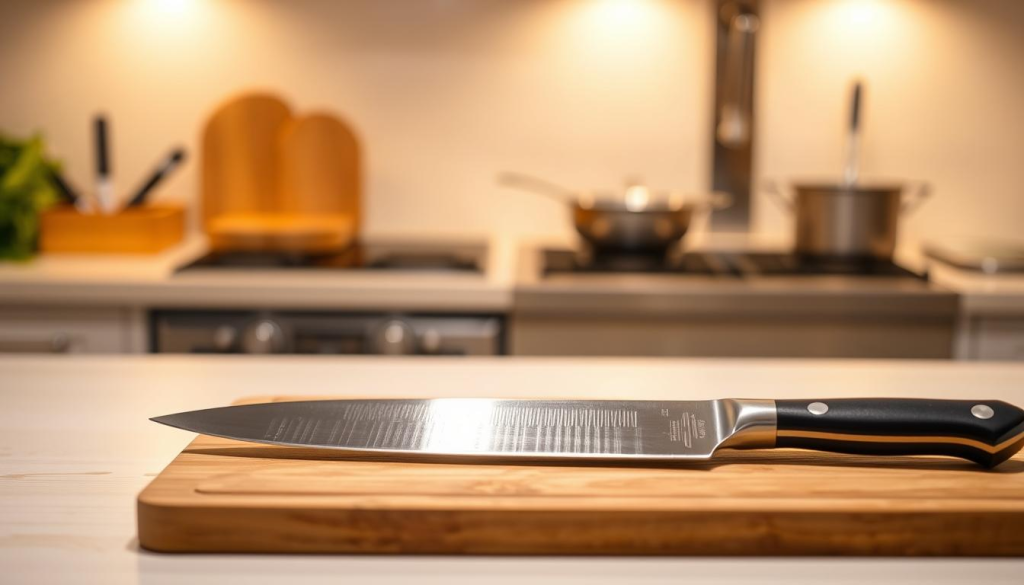 A well-lit kitchen counter, meticulously arranged with a sharp chef's knife, its blade gleaming under the soft, warm lighting. In the foreground, the knife rests on a wooden cutting board, its handle firmly gripped, conveying a sense of control and precision. The background features a clean, neutral-toned environment, allowing the focus to remain on the knife and its safe handling. The scene exudes a sense of professionalism and attention to detail, perfectly capturing the essence of "Enhancing Your Culinary Skills with Well-Sharpened Knives."