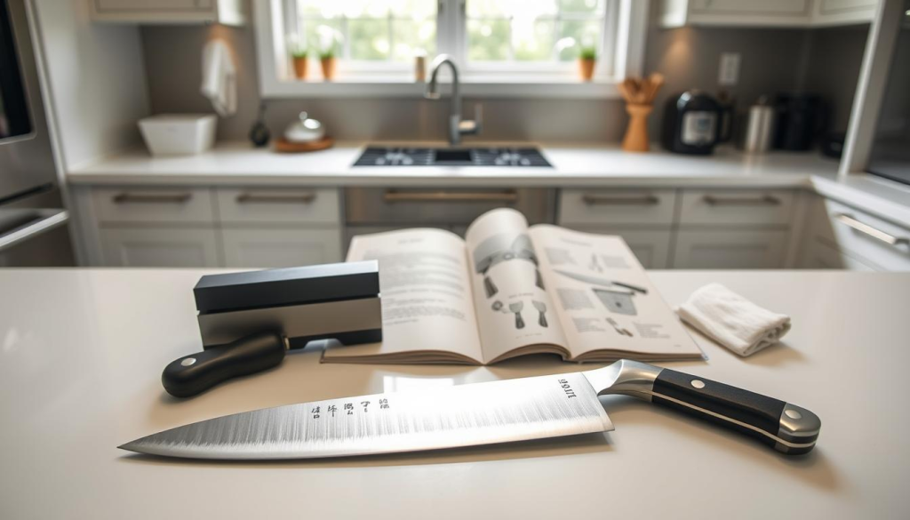 A well-lit kitchen counter with a Shun Fuji chef's knife in the foreground, surrounded by maintenance tools like a sharpening stone, honing steel, and a clean cloth. In the middle ground, an open cookbook displays pages with illustrations of proper knife care techniques. The background features a minimalist, modern kitchen setting with stainless steel appliances and natural light flooding the space, creating a serene, professional atmosphere for the culinary demonstration.