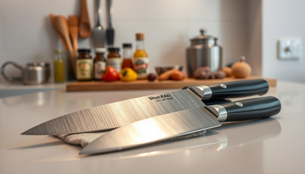 A well-lit kitchen counter with a Shun Kaji chef's knife prominently displayed. In the foreground, a sharpening stone and a clean, damp cloth are neatly arranged, indicating the process of maintaining the knife's razor-sharp edge. The knife's blade reflects the light, showcasing its high-quality stainless steel construction. In the middle ground, various kitchen utensils and condiments provide context, suggesting the knife's frequent use in food preparation. The background features a clean, minimalist setting, allowing the knife and its maintenance tools to be the focal point. The overall atmosphere is one of precision, attention to detail, and the care required to preserve the exceptional quality of a Shun Kaji knife.