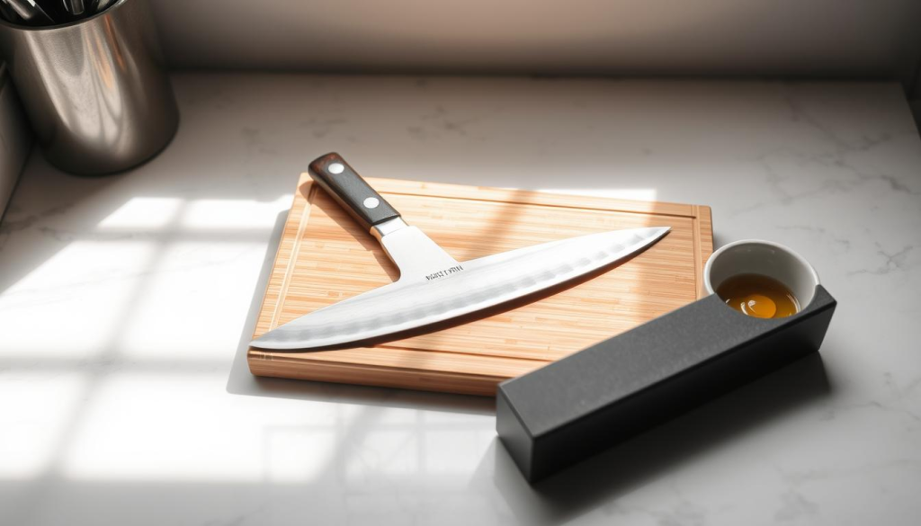 A well-lit kitchen counter with a clean, white marble surface. In the center, a sharp Nakiri knife lies on a bamboo cutting board, its blade gleaming under soft, natural lighting. Nearby, a small bowl holds a whetstone and a few drops of honing oil. The scene conveys a sense of care and attention to detail, with the knife's pristine condition and the thoughtful arrangement of maintenance tools suggesting the importance of proper knife care. The overall atmosphere is one of precision, culinary expertise, and a reverence for the essential tools of the trade.