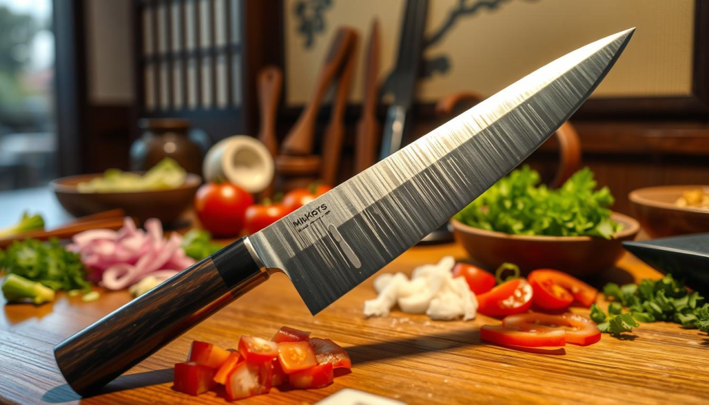 A well-lit kitchen counter with a sharp Nakiri knife, freshly chopped vegetables, and various Japanese cooking utensils arranged artfully. The knife is the focal point, its sleek profile and razor-sharp edge glistening under the warm, natural lighting. In the background, a traditional Japanese screen or wall hanging provides a cultural context. The scene conveys the versatility and precision of the Nakiri knife in preparing delicate, intricate Japanese cuisine.