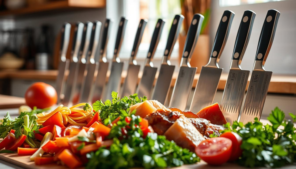 A well-lit kitchen countertop, showcasing an assortment of gleaming Aritsugu knives from Canada. The blades catch the soft, natural light, highlighting their razor-sharp edges and the intricate craftsmanship of the traditional Japanese forging process. In the foreground, a collection of freshly chopped ingredients - crisp vegetables, succulent meats, and fragrant herbs - suggesting the versatility and performance of these high-quality culinary tools. The background is softly blurred, drawing the viewer's attention to the knives themselves, which exude a sense of precision, durability, and timeless elegance. The overall composition conveys the enthusiasm and satisfaction of Aritsugu knife owners in Canada, eager to share their exceptional cooking experiences.