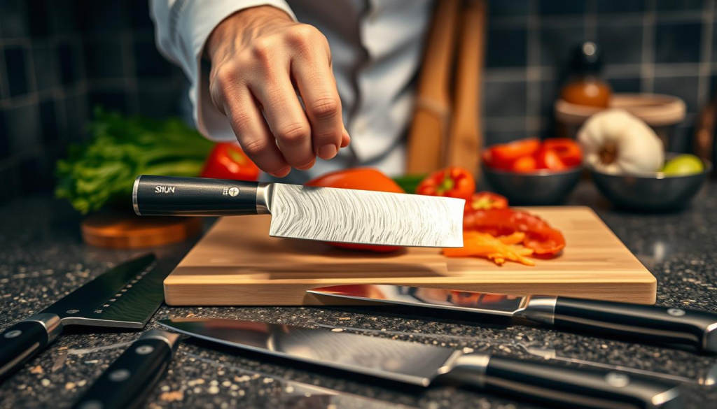 A well-lit kitchen countertop with an assortment of Shun knives displayed in the foreground, showcasing their distinct blade shapes and fine-grained Damascus steel patterns. In the middle ground, a chef's hand carefully selects one of the knives, examining its weight, balance, and sharp edge. The background features a blurred view of culinary ingredients, subtly hinting at the knife's intended purpose. The scene evokes a sense of precision, craftsmanship, and the importance of choosing the right Shun knife to elevate one's culinary skills.