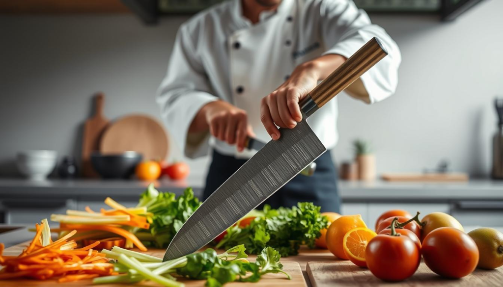 A well-lit kitchen scene showcasing the versatile uses of an Aritsugu Nakiri knife. In the foreground, the razor-sharp blade effortlessly slices through a variety of fresh produce, including crisp vegetables and ripe fruit. The knife's distinctive rectangular shape and traditional Japanese design are prominently displayed. In the middle ground, the chef's skilled hands expertly guide the blade, demonstrating the knife's exceptional control and maneuverability. The background features a minimalist, modern kitchen setting, with clean lines and muted tones that emphasize the knife's craftsmanship. The overall atmosphere conveys a sense of precision, efficiency, and the joy of culinary preparation.