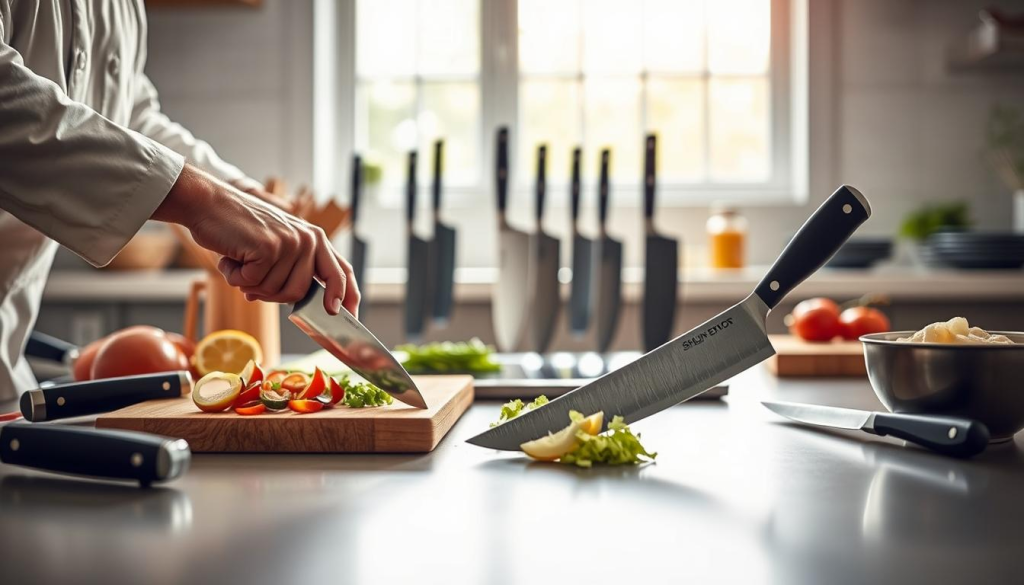 A well-lit kitchen setting, showcasing the precision and craftsmanship of Shun Edo knives. In the foreground, a chef's hands expertly slicing and dicing various ingredients on a wooden cutting board, demonstrating the knives' razor-sharp edge and exceptional control. In the middle ground, an array of Shun Edo knives in their signature matte black handles, positioned alongside complementary cooking tools. The background features a clean, modern kitchen environment, with soft natural lighting filtering through large windows, creating a serene and inviting atmosphere. The overall scene conveys the harmony of culinary skills enhanced by the Shun Edo knives, inspiring home chefs to elevate their cooking techniques.