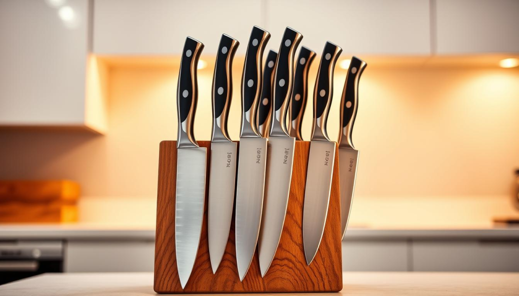 A well-lit modern kitchen interior, featuring a beautifully crafted wooden knife block or storage display. The knives are precisely arranged, their razor-sharp blades gleaming under warm, focused lighting. The block's design showcases the knives' elegant silhouettes, highlighting their high-quality construction and precision. The background is clean and minimalist, allowing the knives to be the central focus. The overall scene exudes a sense of culinary professionalism and attention to detail, perfectly suited to illustrate the "Caring for Your Shun Knives" section of the article.