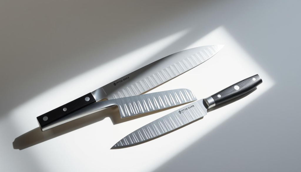 A well-lit product photography setup showcasing three Aritsugu Bunka knives of varying prices, arranged in a clean and minimalist composition. The knives are positioned on a white surface, with soft shadows casting beneath, highlighting their sharp silhouettes and gleaming stainless steel blades. The scene is illuminated from the side, creating subtle highlights and reflections that convey the high-quality craftsmanship of these professional-grade culinary tools. The image should convey a sense of precision, attention to detail, and the distinct value proposition of the Aritsugu Bunka knife at different price points.