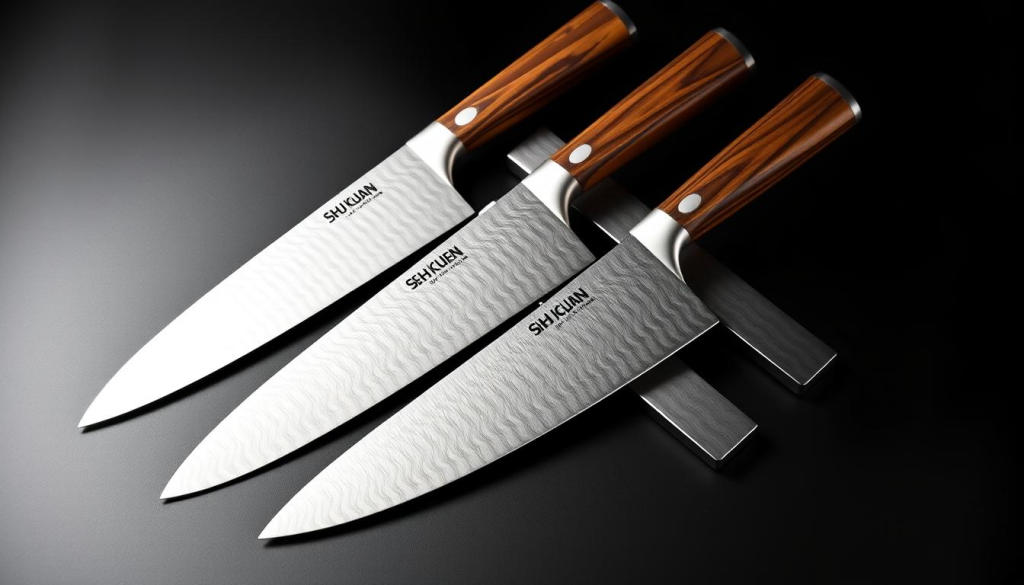 A well-lit studio shot of a collection of Shun Cutlery knives, including an 8-inch chef's knife, showcased on a sleek black background. The blades have a distinct Damascus pattern, reflecting the expert craftsmanship. The knives are arranged in an elegant, symmetrical composition, highlighting their precision and sophistication. Soft shadows create depth and dimension, emphasizing the quality of the materials and the attention to detail in the design. The lighting is natural and evenly distributed, capturing the sheen of the stainless steel blades and the warm wood of the handles. This image aims to convey the high-end, professional quality of Shun Cutlery, suitable for a section on where to purchase these premium kitchen tools.