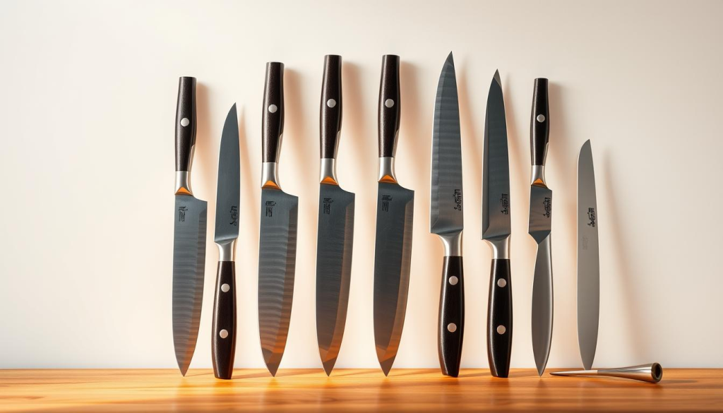 A well-lit studio shot showcasing a range of Shun Japanese knives against a clean, neutral background. The knives are arranged in an organized, symmetrical layout, highlighting their distinct handles and blade designs. The lighting casts a warm, natural glow, emphasizing the high-quality craftsmanship and attention to detail. The image conveys a sense of precision, elegance, and the premium price range associated with these exceptional culinary tools. The viewer can easily assess the different models and price points within the Shun knife collection.