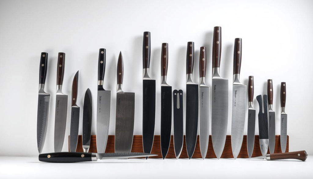 A well-lit tabletop scene showcasing a variety of Aritsugu knives of different sizes, shapes, and blade types. The knives are arranged in a visually appealing manner, with a clean and minimalist background that allows the knives to take center stage. The lighting is soft and diffused, creating an even and flattering illumination that highlights the craftsmanship and materials of the knives. The scene conveys a sense of precision, quality, and attention to detail, reflecting the care and expertise that goes into the creation of Aritsugu knives. The overall mood is one of elegance, professionalism, and a deep appreciation for the art of Japanese knife-making.