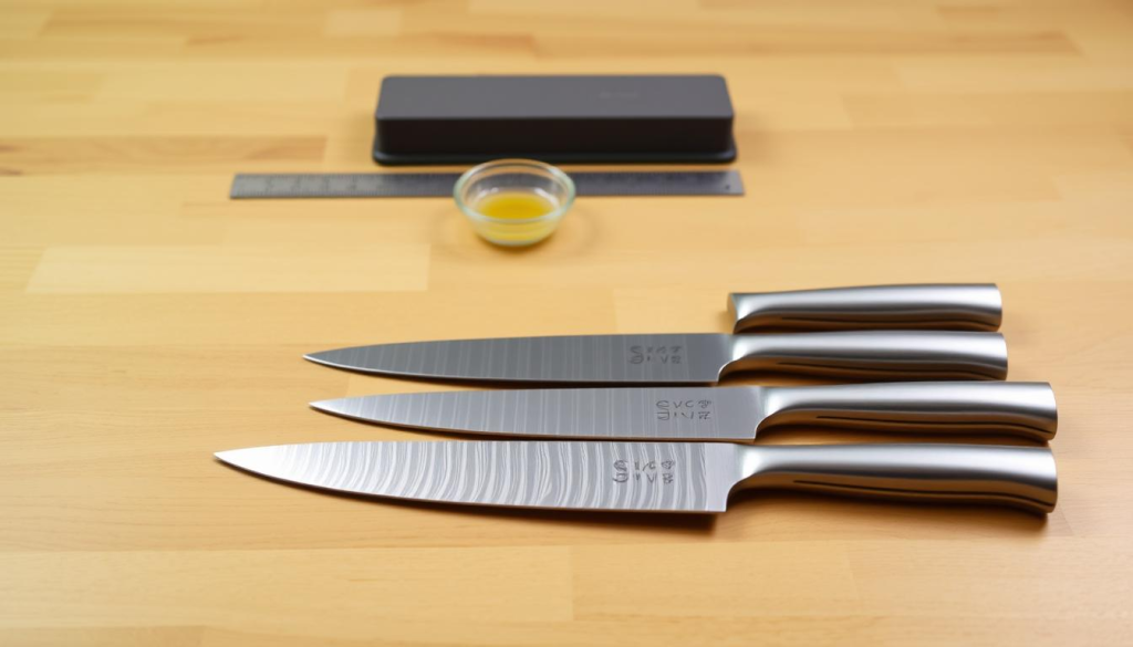 A well-lit wooden table, its surface clear and clean, serves as the backdrop for a sharpening guide for Shun knives. In the foreground, the knives themselves are laid out, their blades glistening under the soft, even lighting. A sharpening stone rests nearby, its coarse surface ready to hone the edges. In the middle ground, a simple ruler and a small dish of honing oil provide the necessary tools for the task at hand. The composition is balanced and uncluttered, allowing the focus to remain on the essential elements of the sharpening process. The overall mood is one of precision and attention to detail, setting the stage for a thorough and effective sharpening session.