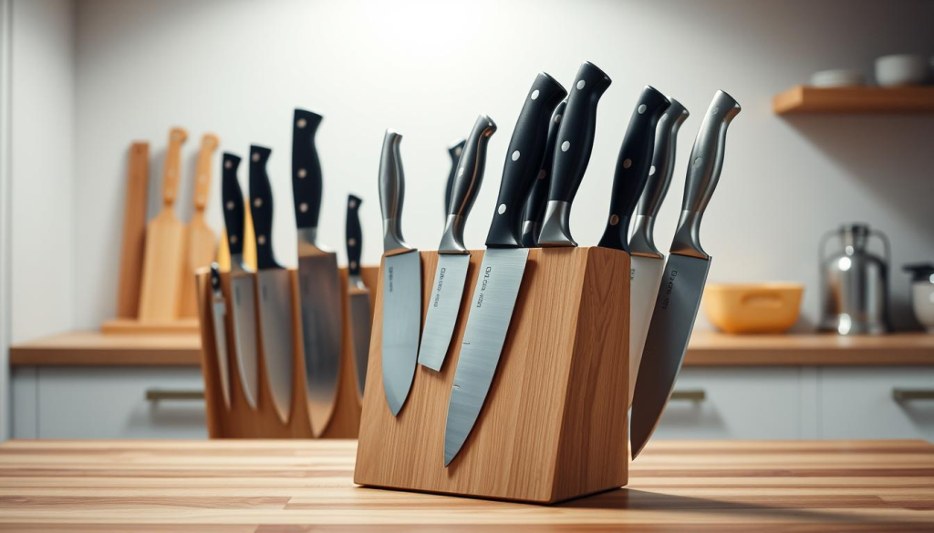 A well-organized and versatile knife holder stands on a wooden kitchen counter, its sleek design showcasing an array of high-quality culinary blades. The holder features multiple compartments of varying depths, allowing for the efficient storage and easy access of different knife sizes - from delicate paring knives to robust chef's blades. Soft lighting from above casts a warm glow, highlighting the holder's premium materials such as brushed stainless steel or polished wood. The composition is balanced, with the holder positioned centrally and framed by the clean, minimalist surroundings, creating a sense of order and functionality within the kitchen space.