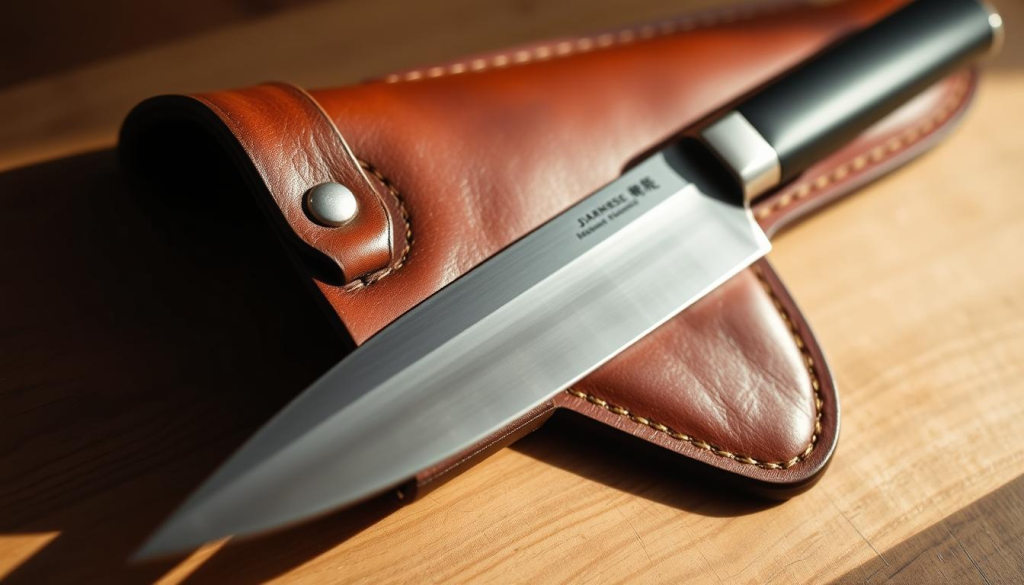A well-worn, handcrafted leather sheath, meticulously stitched and burnished to a rich patina. The supple material is adorned with subtle embossed patterns, hinting at the skilled artisanship behind its creation. Warm, natural lighting casts a soft glow, accentuating the sheath's rugged yet refined appearance. In the foreground, a high-quality Japanese chef's knife rests securely within, its polished blade contrasting with the sheath's weathered charm. The overall composition evokes a sense of quality, functionality, and the proud tradition of handmade craftsmanship.