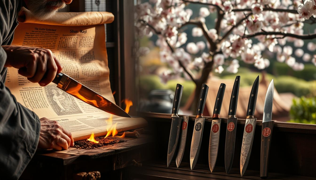 An aged parchment scroll unfurls, revealing the storied history of the Shun Kaji knife. In the foreground, a skilled artisan crafts a blade, hammering molten steel with precision. Flickering flames cast warm light, casting shadows that dance across weathered hands. In the middle ground, a collection of traditional Japanese knives, each bearing the Shun Kaji emblem, are displayed with reverence. The background depicts a tranquil Japanese garden, where cherry blossoms flutter in the breeze, hinting at the enduring legacy of this revered blade-making tradition.