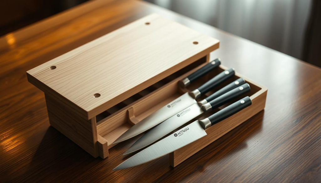An elegant, handcrafted wooden knife storage box resting on a polished wooden table, softly illuminated by warm, diffused lighting. The box features a clean, minimalist design with smooth, rounded edges and a subtle wood grain texture. Inside, precision-cut compartments hold a collection of Aritsugu knives, their razor-sharp blades glistening in the light. The overall atmosphere evokes a sense of reverence for the craftsmanship and care required to maintain these prized culinary tools.