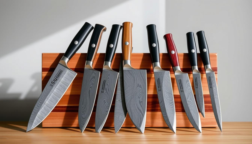 An elegant still life of a selection of Shun Elite knives, arranged neatly on a wooden surface, with a sleek, minimalist backdrop. The knives are meticulously detailed, showcasing the distinctive Damascus-patterned blades and the precision-crafted handles in a range of colors. The lighting is soft and natural, accentuating the high-quality construction and the sharp, polished edges of the knives. The composition is balanced, allowing the viewer to compare the various models side by side, highlighting the unique features and design elements that set the Shun Elite line apart from other prominent knife brands.