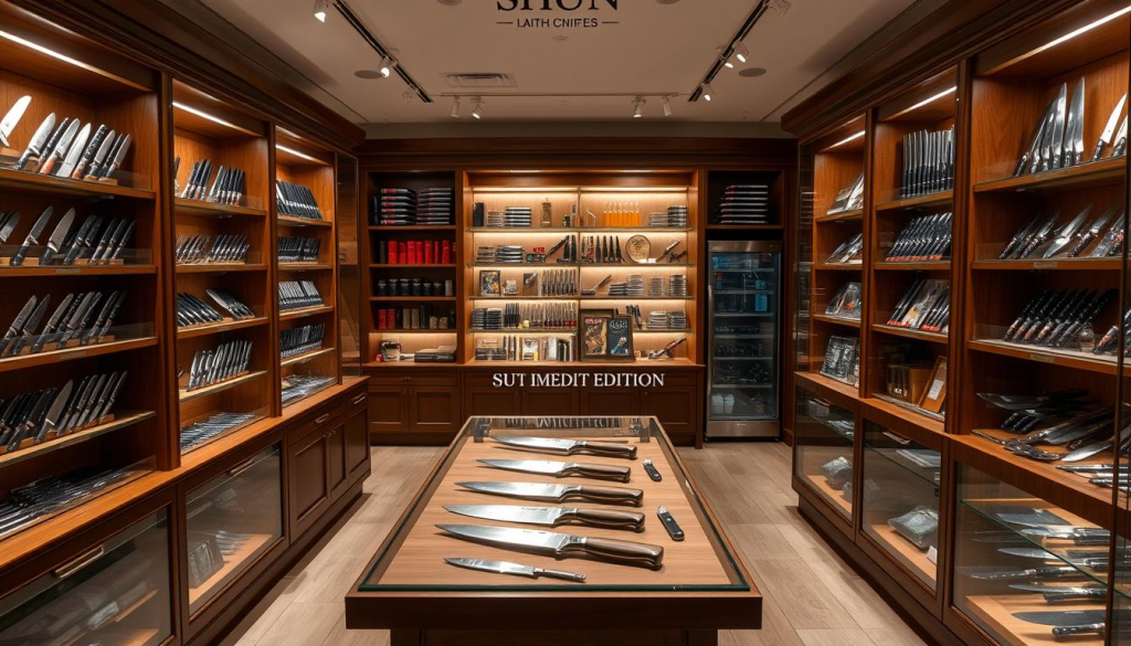 An elegant, well-lit interior of a high-end kitchen supply store, with wooden shelves and glass display cases showcasing a diverse array of premium Shun knives. In the center, a prominent display features the Shun Limited Edition line, with its distinctive handles and gleaming blades. Soft, warm lighting casts a subtle glow, highlighting the craftsmanship and attention to detail in each knife. The store's layout encourages exploration, with knowledgeable staff available to guide customers through the selection. The overall atmosphere conveys a sense of quality, sophistication, and a passion for exceptional culinary tools.